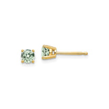 14k Yellow Gold Stud Earrings with Round Light Green Gemstones, Classic Four Prong Setting