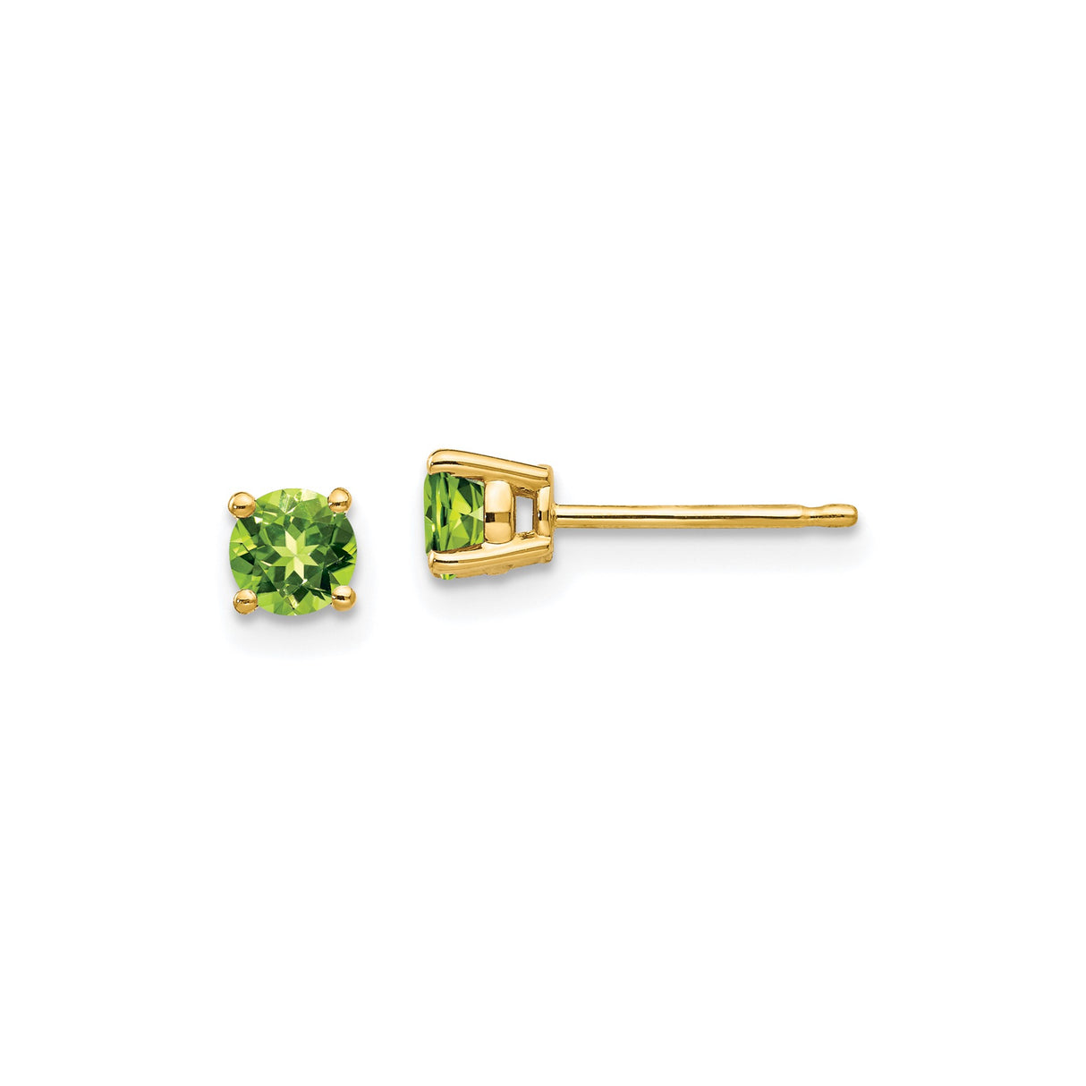 14k Yellow Gold Stud Earrings with Round Peridot, Four Prong Setting, August Birthstone Jewelry