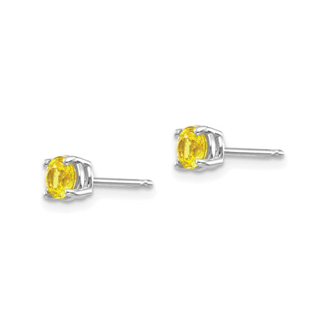 14k White Gold Stud Earrings with Round Cut Yellow Sapphire in Classic Four Prong Setting