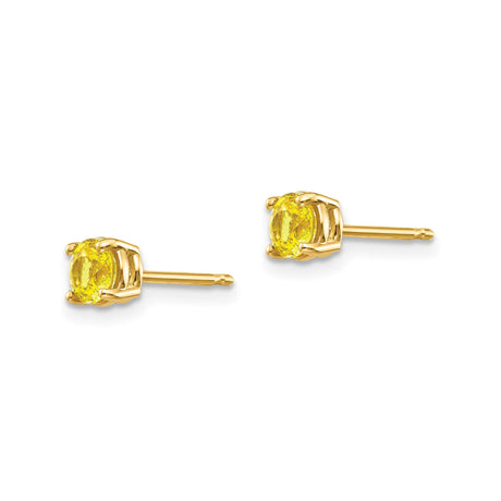 14k Yellow Gold Stud Earrings with Round Cut Sapphire in Four Prong Setting, Minimalist Style