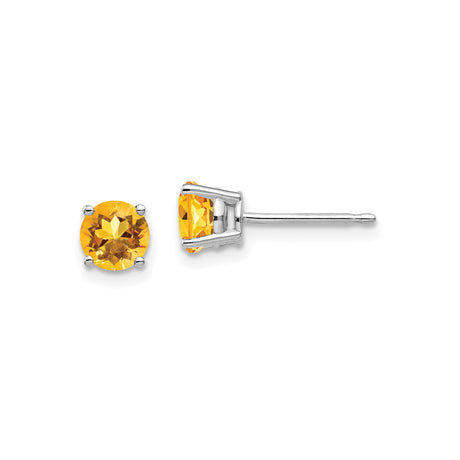 14k White Gold Citrine Stud Earrings, Round Faceted Prong Set, Minimalist November Birthstone Jewelry