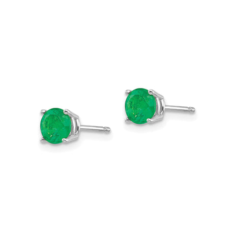 14k White Gold Stud Earrings with Round Green Emerald in Four Prong Setting