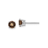 14k White Gold Stud Earrings with Round Smoky Quartz, Minimalist Modern Style