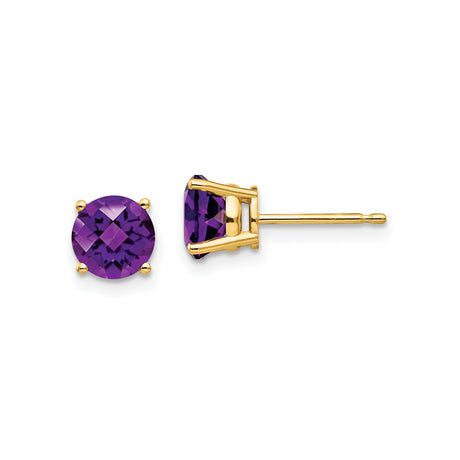 14k Yellow Gold Stud Earrings with Round Amethyst in Four Prong Setting