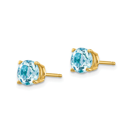 14k Yellow Gold Stud Earrings with Round Aquamarine, Four-Prong Setting, Minimalist Design