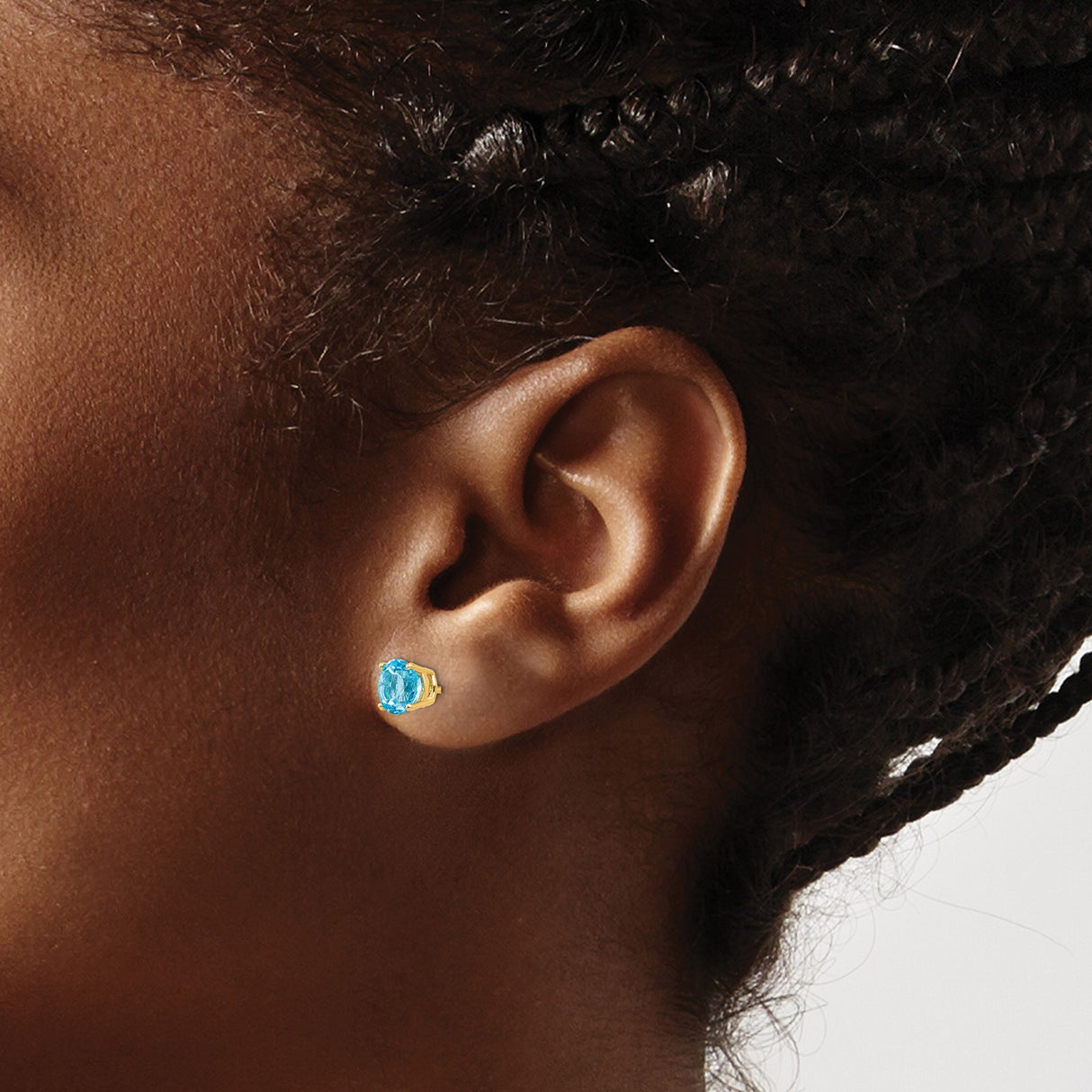 14k Yellow Gold Stud Earrings with Round Swiss Blue Topaz, Solitaire Setting, Minimalist Style