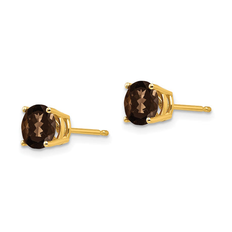 14k Yellow Gold Stud Earrings with Smoky Quartz in Four-Prong Setting, Minimalist Style