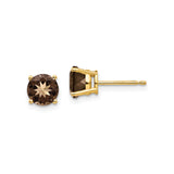 14k Yellow Gold Stud Earrings with Round Smoky Quartz in Four Prong Setting