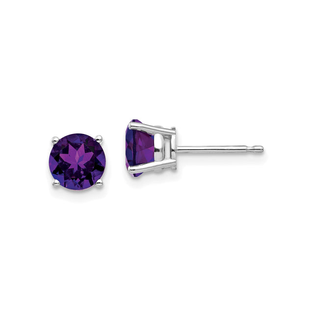 14k White Gold Stud Earrings with Round Amethyst, Dainty Minimalist Design