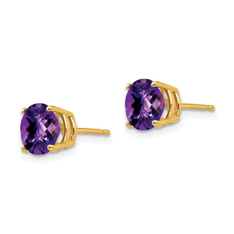 14k Yellow Gold Amethyst Stud Earrings, Round Cut Four Prong Minimalist Birthstone Jewelry