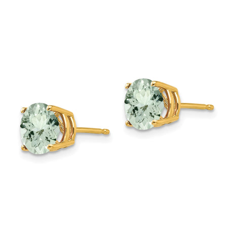 14k Yellow Gold Stud Earrings with Round Light Green Quartz, Classic Four Prong Setting