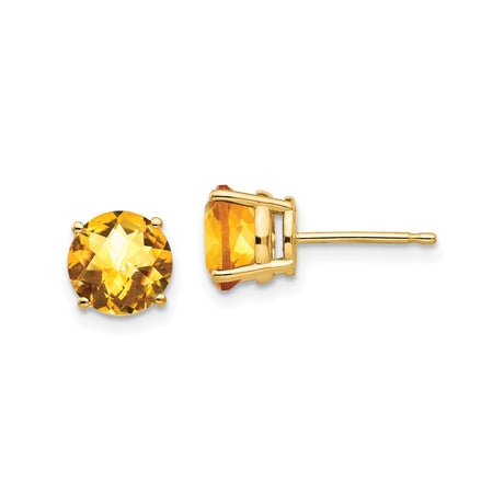 14k Yellow Gold Stud Earrings with Round Cut Citrine in Four-Prong Setting