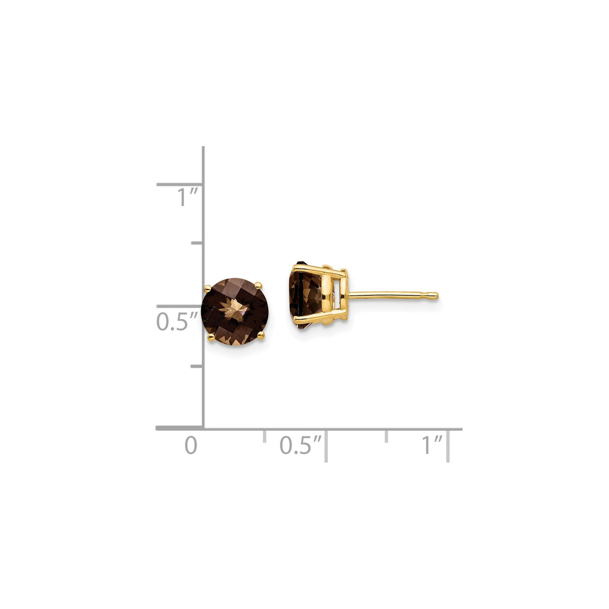 14k Yellow Gold Stud Earrings with Smoky Quartz, Round Cut in Four Prong Setting