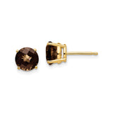 14k Yellow Gold Stud Earrings with Smoky Quartz, Round Cut in Four Prong Setting