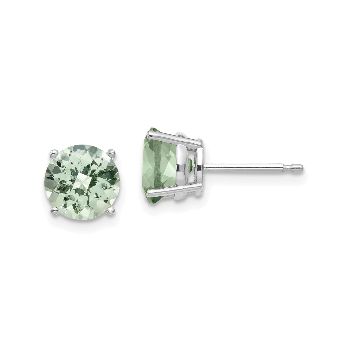 14k White Gold Stud Earrings with Light Green Quartz, Checker Cut, Four Prong Setting