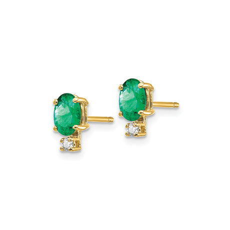 14k Yellow Gold Stud Earrings with Oval Emerald and Diamond Accents, Classic Design for Women