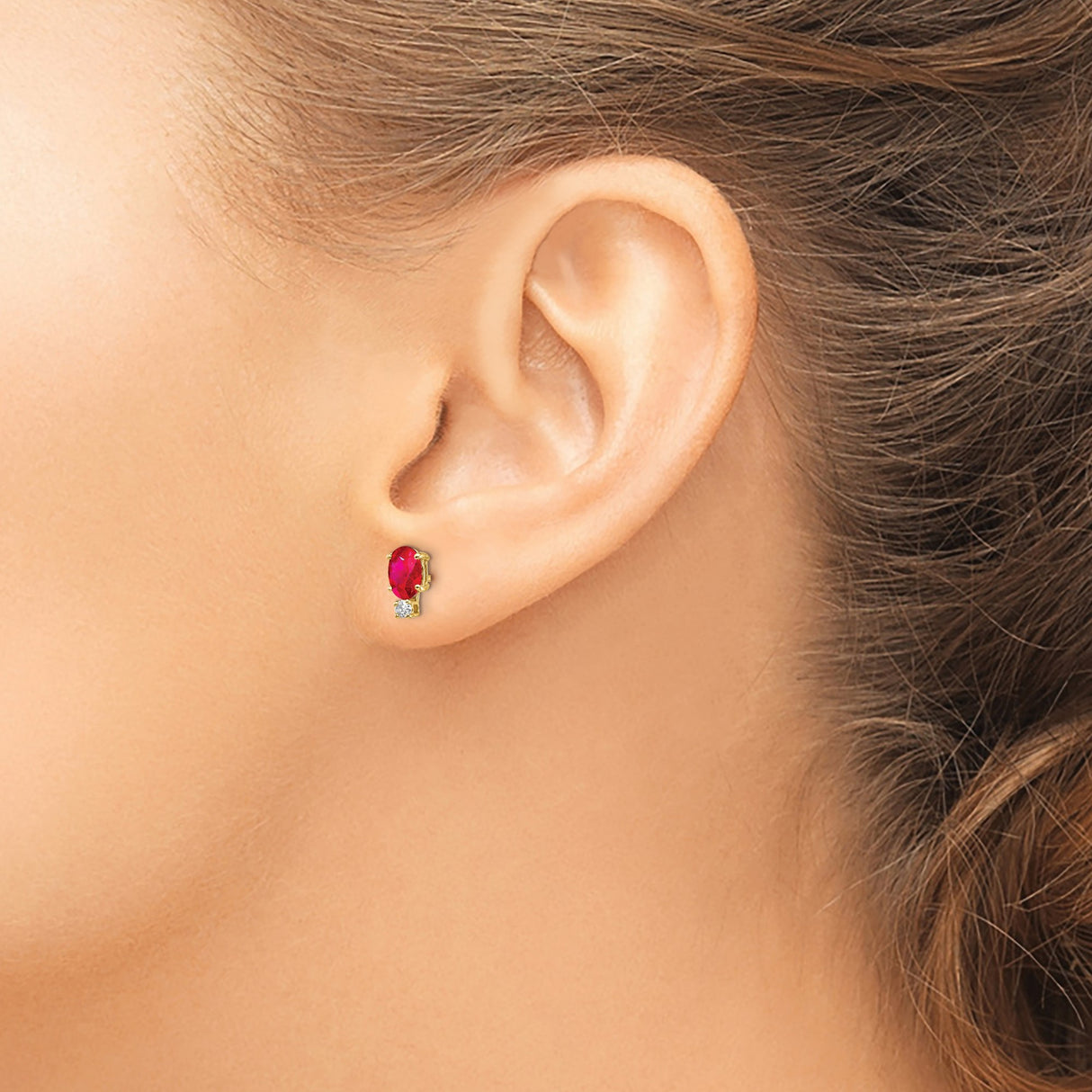 14k Yellow Gold Ruby and Diamond Stud Earrings, Oval Gemstone Classic Design for Women