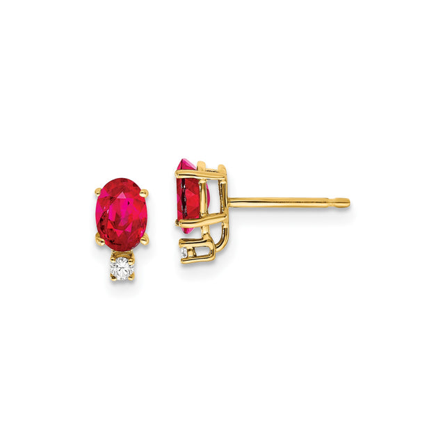 14k Yellow Gold Ruby and Diamond Stud Earrings, Oval Gemstone Classic Design for Women