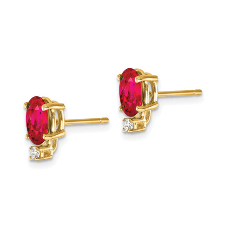 14k Yellow Gold Stud Earrings with Ruby and Diamond Accents, Oval Gemstone Design for Women