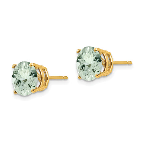 14k Yellow Gold Stud Earrings with Round Cut Green Quartz, Classic Solitaire Design