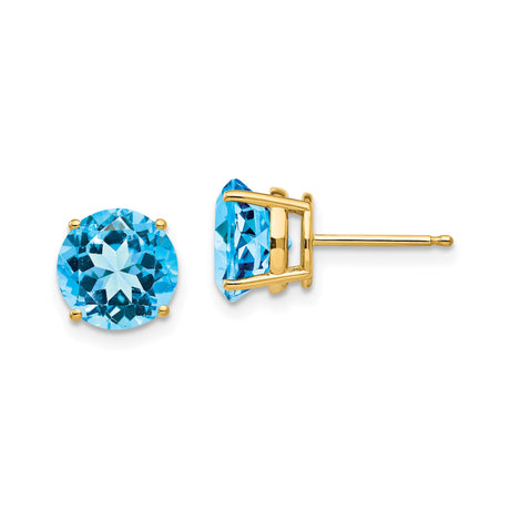 14k Yellow Gold Stud Earrings with Round Swiss Blue Topaz in Four Prong Setting