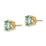 14k Yellow Gold Stud Earrings with Green Quartz, Round Checker-Cut Solitaire Design