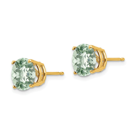 14k Yellow Gold Stud Earrings with Green Quartz, Round Checker-Cut Solitaire Design