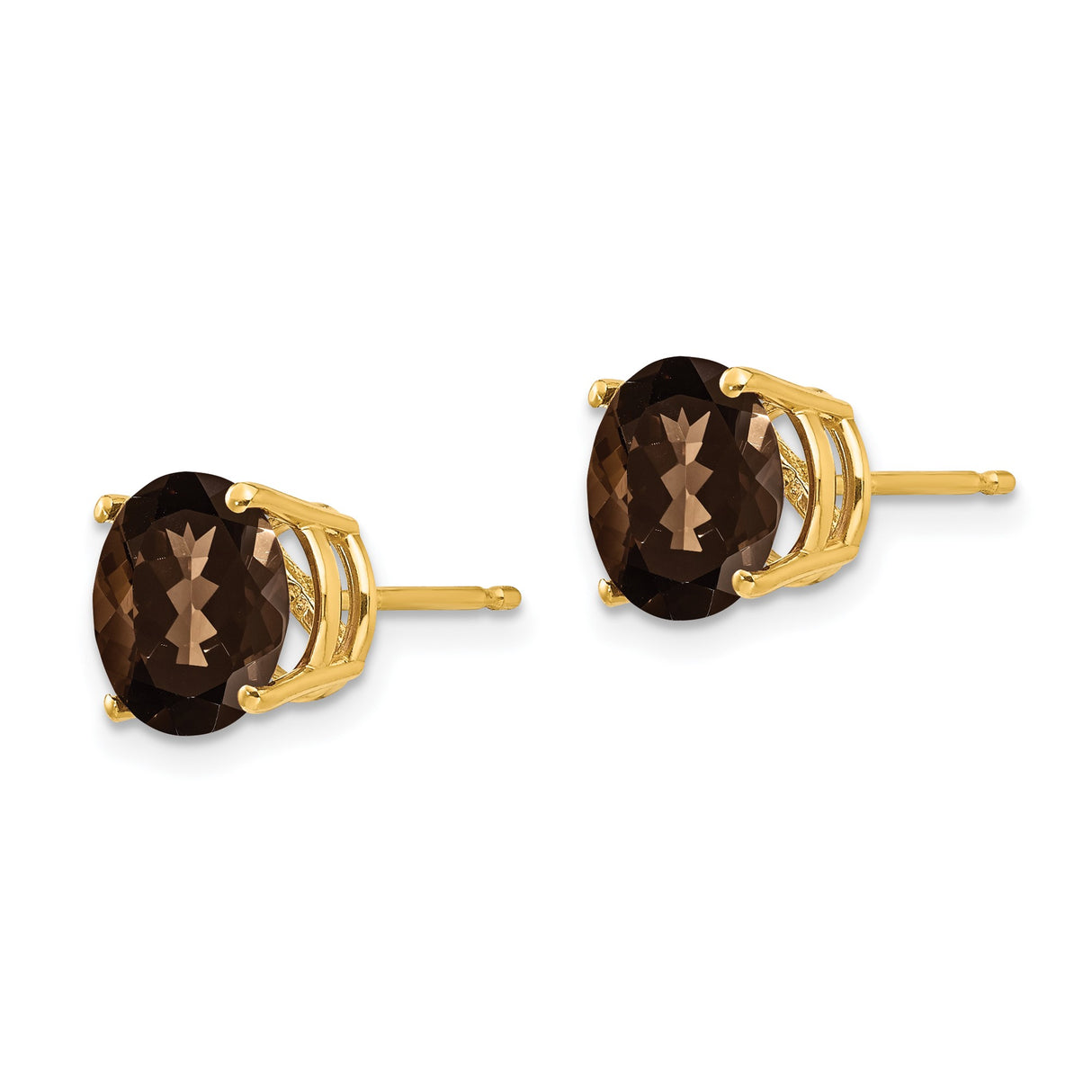 14k Yellow Gold Stud Earrings with Faceted Smoky Quartz, Solitaire Round Design for Women