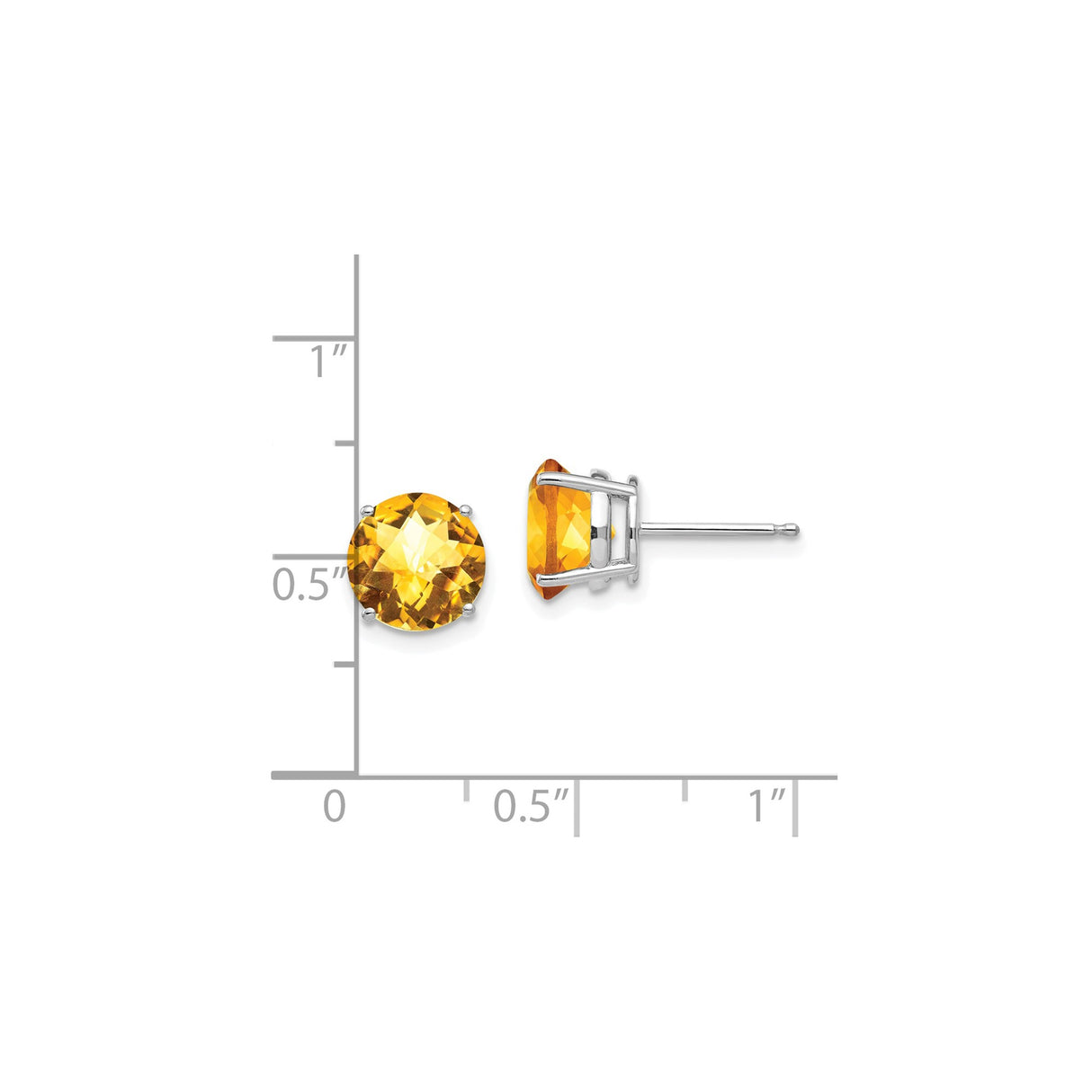 14k White Gold Citrine Stud Earrings, Round Cut Gemstone in Four-Prong Setting