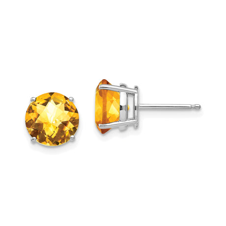 14k White Gold Citrine Stud Earrings, Round Cut Gemstone in Four-Prong Setting