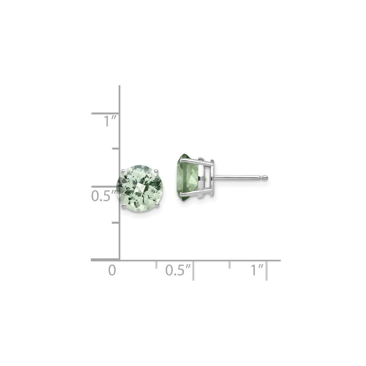 14k White Gold Stud Earrings with Round Checker Cut Green Quartz, Classic Four Prong Setting