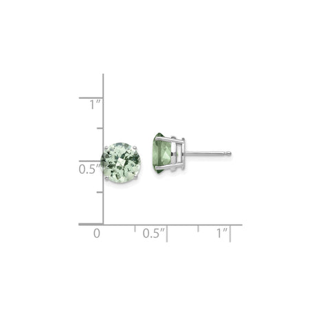 14k White Gold Stud Earrings with Round Checker Cut Green Quartz, Classic Four Prong Setting