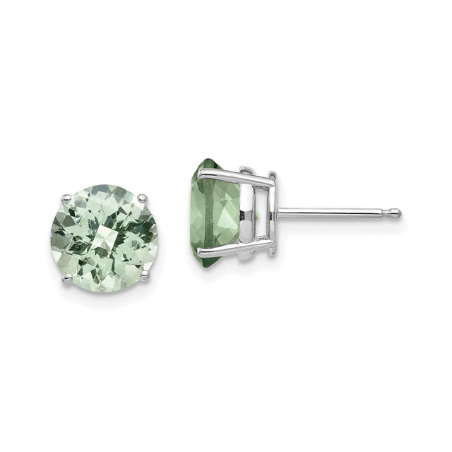 14k White Gold Stud Earrings with Round Checker Cut Green Quartz, Classic Four Prong Setting
