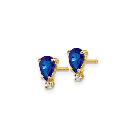 14k Yellow Gold Stud Earrings with Pear Shaped Blue Sapphire and Diamond Accents