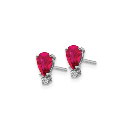 14k White Gold Ruby and Diamond Stud Earrings, Pear Shaped July Birthstone Jewelry