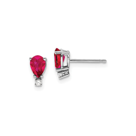 14k White Gold Ruby and Diamond Stud Earrings, Pear Shaped Red Gemstone, Classic Design