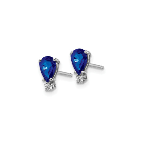 14k White Gold Stud Earrings with Pear Shaped Blue Sapphire and Diamond Accents