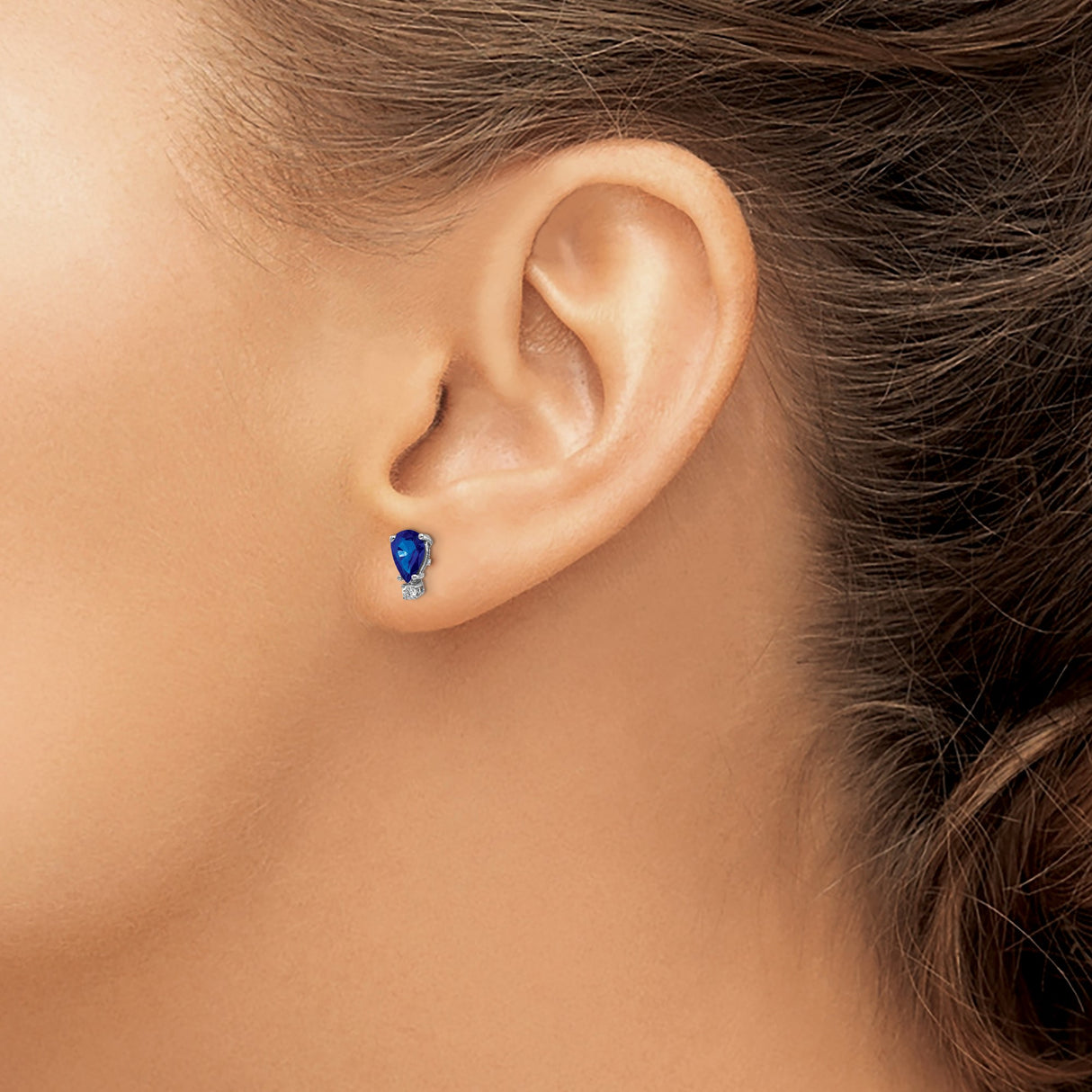 14k White Gold Stud Earrings with Pear Shaped Blue Sapphire and Diamond Accents