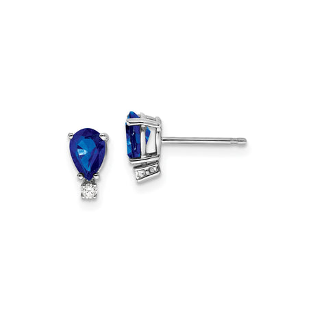 14k White Gold Stud Earrings with Pear Shaped Blue Sapphire and Diamond Accents
