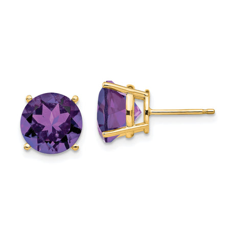 14k Yellow Gold Amethyst Stud Earrings, Round Cut Purple Gemstone, Classic Four Prong Setting