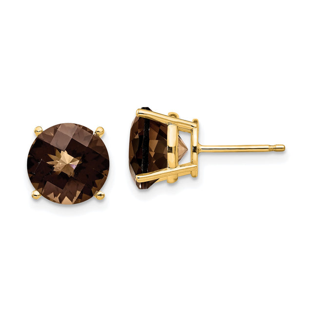 14k Yellow Gold Stud Earrings with Smoky Quartz, Four-Prong Setting