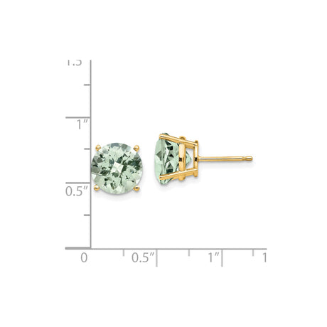 14k Yellow Gold Stud Earrings with Round Cut Green Quartz, Classic Four Prong Setting