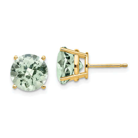 14k Yellow Gold Stud Earrings with Round Cut Green Quartz, Classic Four Prong Setting