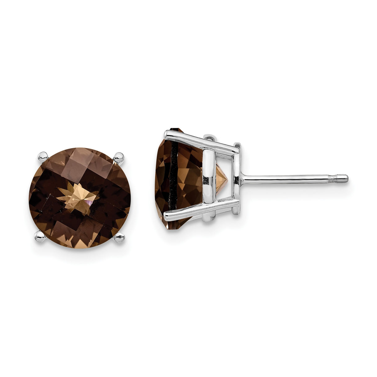 14k White Gold Stud Earrings with Smoky Quartz, Classic Four Prong Setting for Women