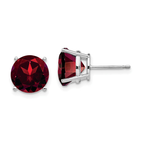 14k White Gold Garnet Stud Earrings, Round Cut, Four Prong Setting, January Birthstone Jewelry