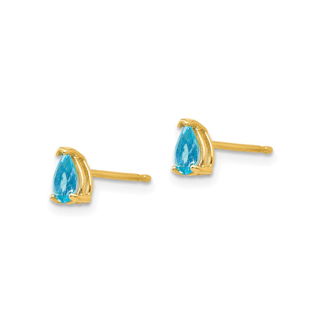 14k Yellow Gold Pear-Shaped Swiss Blue Topaz Stud Earrings, Three-Prong Dainty Gemstone Studs