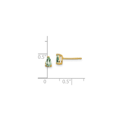 14k Yellow Gold Stud Earrings with Pear Shaped Green Quartz, Minimalist Design