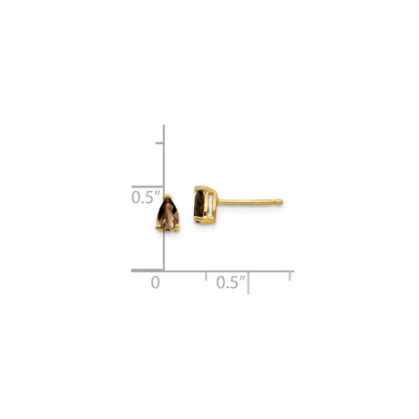 14k Yellow Gold Stud Earrings with Pear Shaped Smoky Quartz, Timeless and Sophisticated Style
