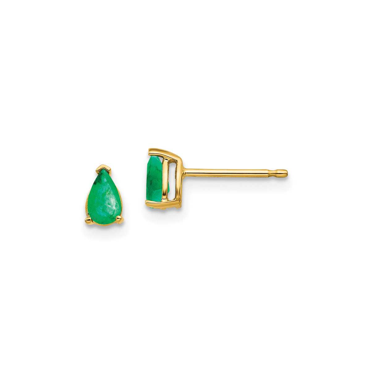 14k Yellow Gold Pear Shaped Emerald Stud Earrings, Three-Prong Setting, Minimalist Fine Jewelry