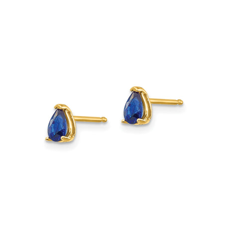 14k Yellow Gold Stud Earrings with Pear Shaped Sapphire, Three Prong Teardrop Style for Women